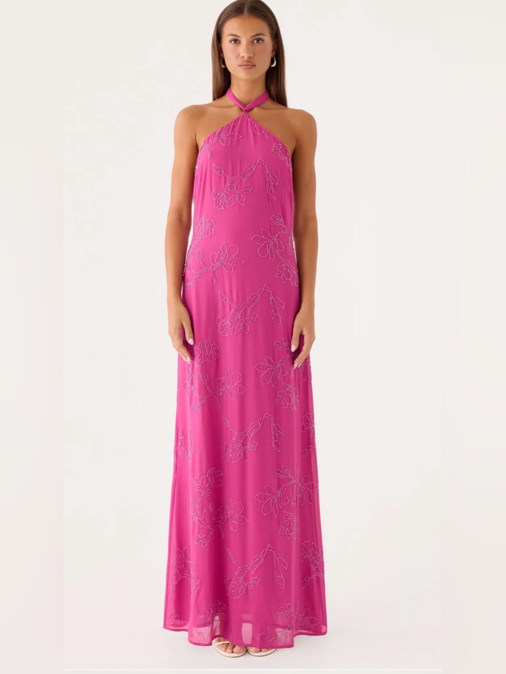 Peppermayo Fuchsia Halter Maxi Dress with Beaded Floral Detail